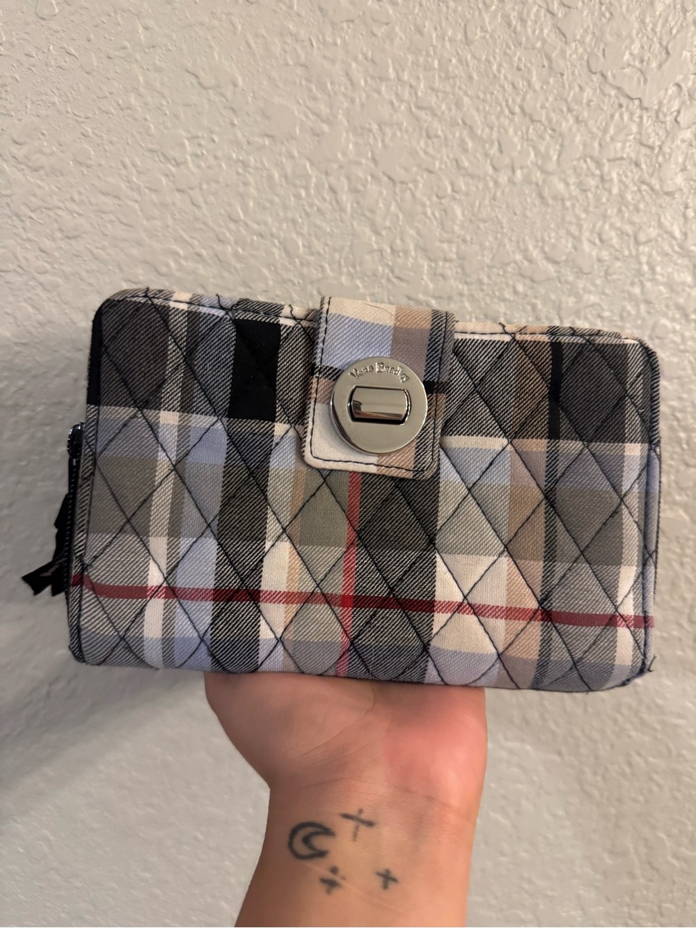 Vera Bradley Quilted Plaid Phone Wallet - Gray, Black, Red Accents